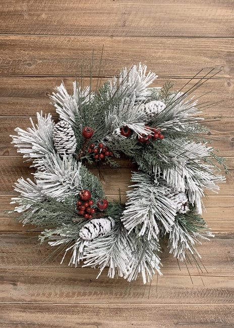 18" SNOWY LONG LEAF PINE WREATH WITH BERRIES AND PINE