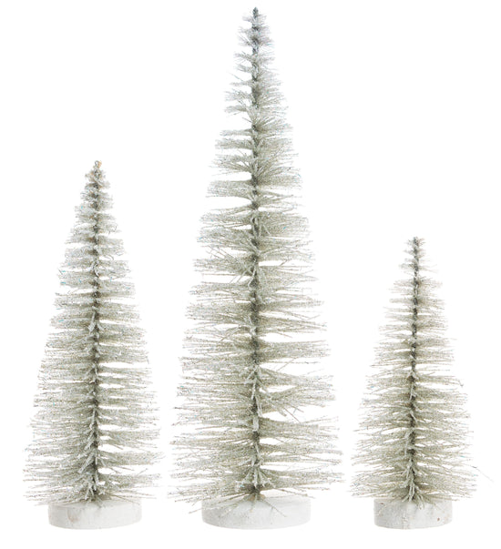 FROST SILVER BRISTLE TREES, IRIDESCENT GLITTER ON WOOD BASE