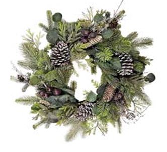 24" WREATH MIXED LEAF WHITE WASHED PINE CONE