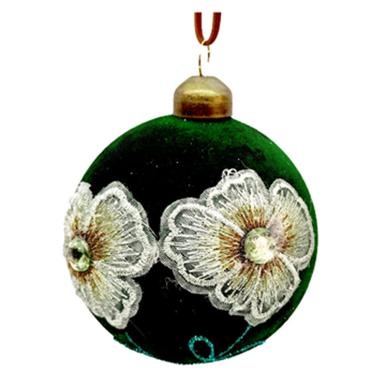 ORN GLASS BALL 3″ GREEN VELVET W/ FLORAL EMBROIDERY, SEQUINS & BEADS