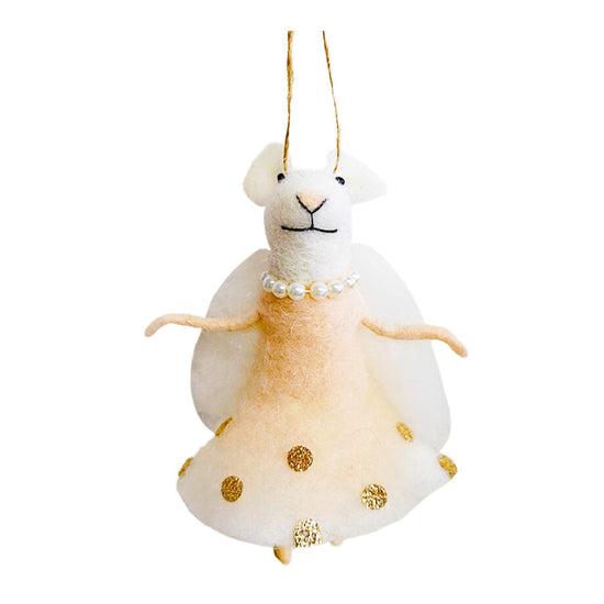 ORN WOOL MOUSE 6″ DANCING W/ IVORY DRESS