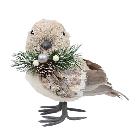 BIRD STANDING FAUX GRASS 7" NATURALW/ GLTR BOW & CORN  HUSK
