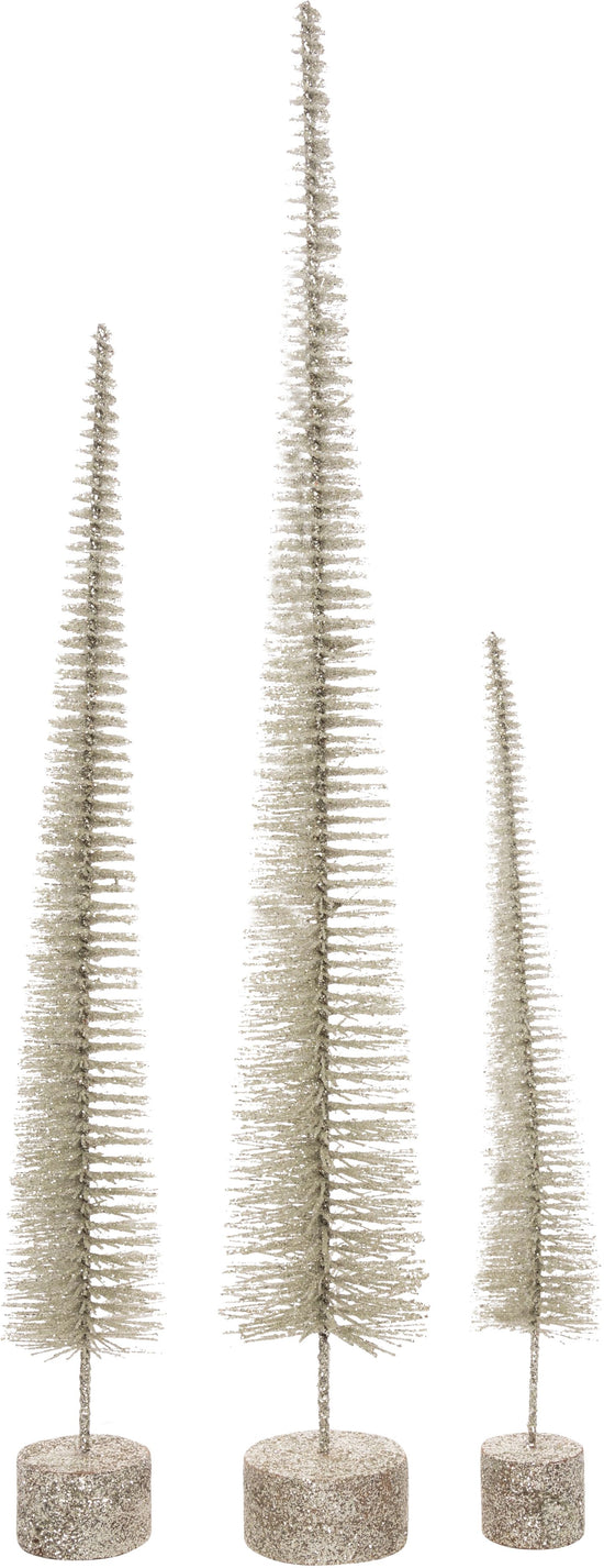 SILVER BRISTLE TREES ON GLITTERED WOOD BASE