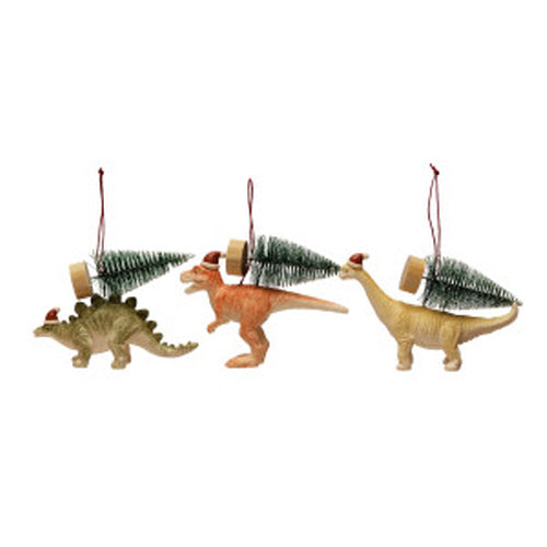 3-3/4"H - 4-1/4"H Resin Dinosaur Ornament w/ Santa Hat & Tree