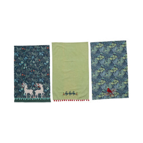 28"L x 18"W Cotton Printed Tea Towel w/ Embroidery & Pom Pom Trim