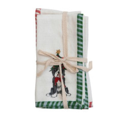 18" Square Cotton Printed Napkins w/ Dogs & Embroidery, Set of 4