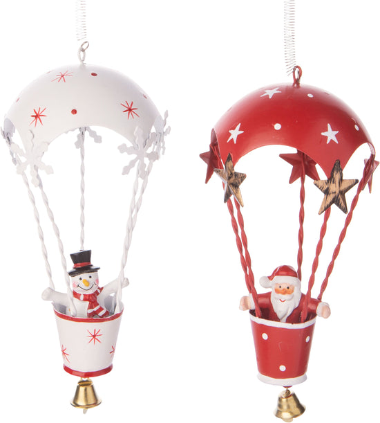 METAL BALLOONING SANTA AND SNOWMAN ORNAMENTS