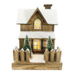 WOODEN NAT. HOUSE 9.5" X 13.5" WITH LED LIGHTS SNOW & TREES